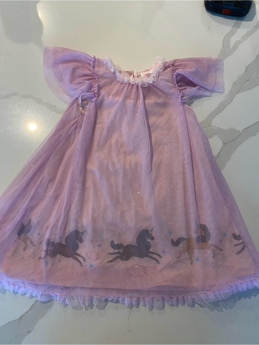 Afro Unicorn Purple Unicorn Tulle Flutter Sleeve Glitter Ruffle A-Line Dress 5T